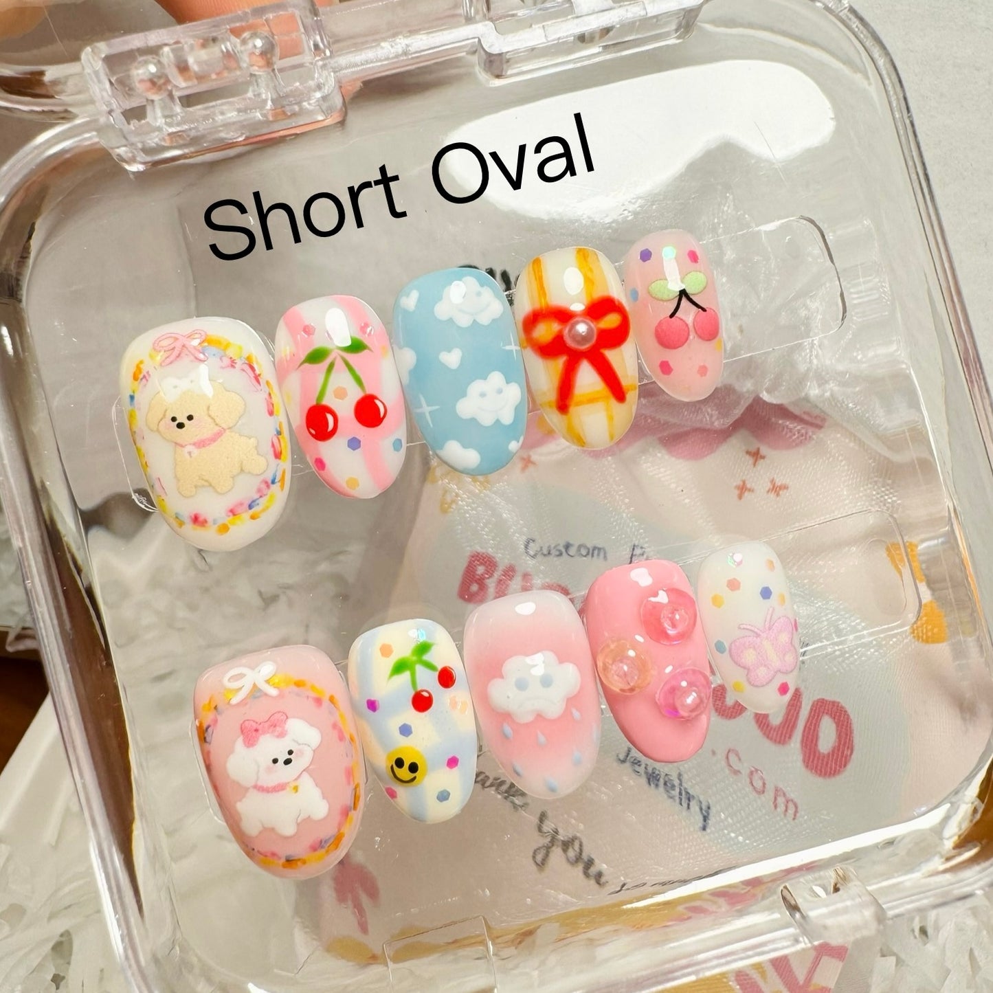 195 "Cherry Dogs" Kawaii Cute Puppy Cherry Clouds Y2K Custom Press on Nail
