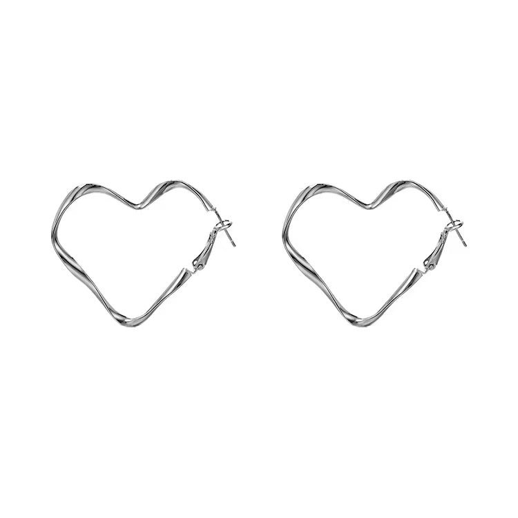 E10 Minimalist Style Big Silver Hearts Hoop Earrings