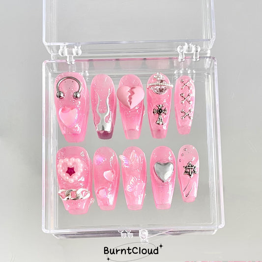 "Crystal Heart" Pink Decos Y2K Nails | 45 Custom Handpainted Press on Nails