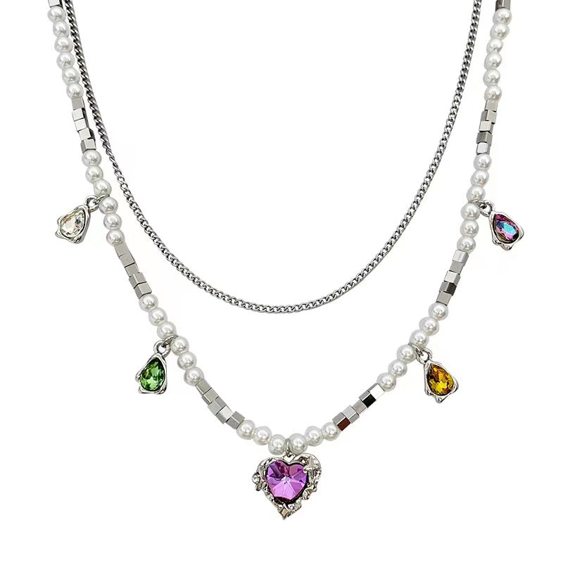 N12 Purple Heart Pendant Colorful Crystals Pearls Beaded Necklace
