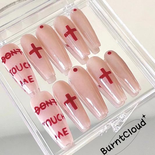 "Do not touch me" Red Cross Nude Nails | 47 Custom Handpainted Press on Nails