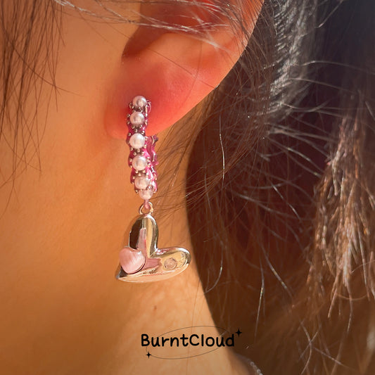 E19 Pearls Half Hoop Hearts Pendant Pink Drop Earrings