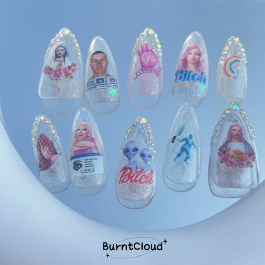 "Diamond Paradise" Glitter Translucent White Angel Y2k Nails | 66 Custom Handpainted Press on Nails