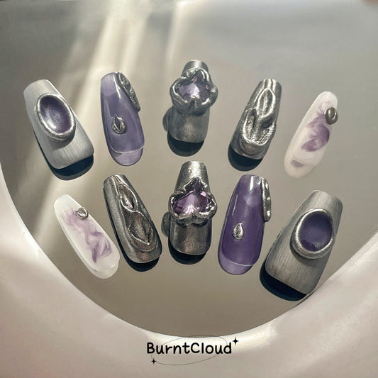 "Devil's Eyes" Sliver Chrome Purple Diamond Nails | 50 Custom Handpainted Press on Nails