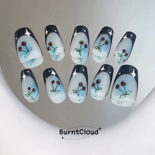 "Cool But Sweet" Cute Cherries Black Frenchtip Nails | 55 Custom Handpainted Press on Nails