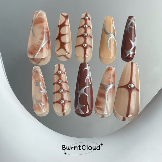 "Spicy Me" Brown CoCoa Abstract 3D Nails | 64 Custom Handpainted Press on Nails