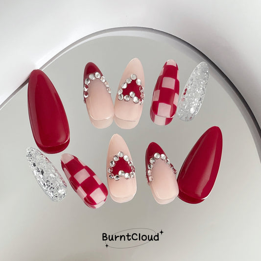 "Rich Girl" Luxury Red Flake Hearts Nails | 13 Custom Handpainted Press on Nails