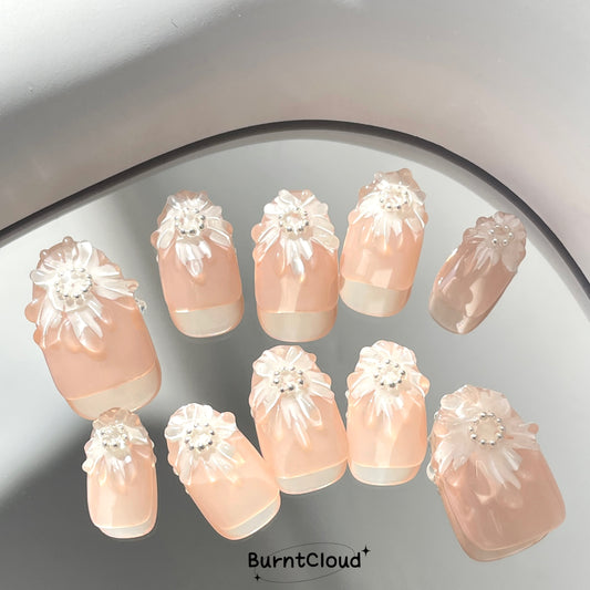 "The Fairy's Nails" 3D White Ice Flowers Wedding Nails | 16 Custom Handpainted Press on Nails