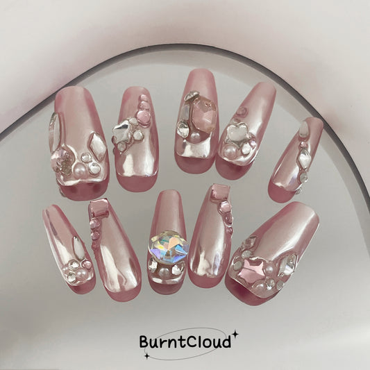"Pink Lake" Soft Pink Chrome Crystals Nails | 49 Custom Handpainted Press on Nails