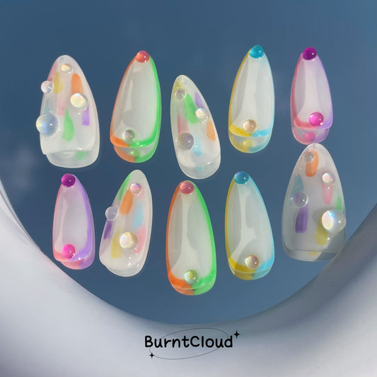 "Blow Bubbles" Cute Colorful 3D Bubbles White Nails | 68 Custom Handpainted Press on Nails
