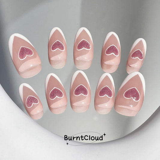 "Snow Hearts" White Frenchtip Glitter Pink Hearts Nails | 58 Custom Handpainted Press on Nails