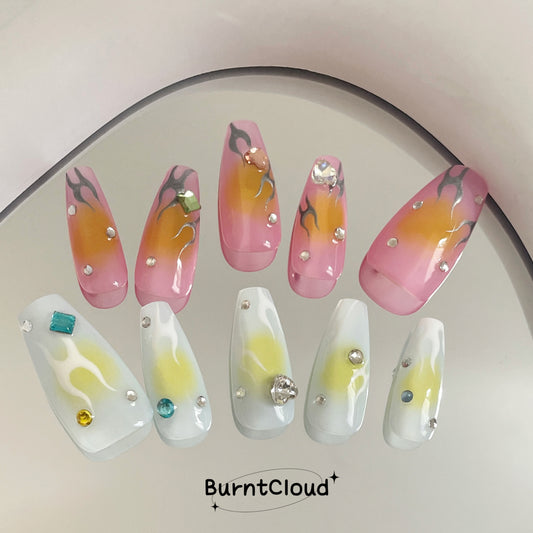 "Summer Juice" Multicolor Lemon and Orange Nails | 51 Custom Handpainted Press on Nails