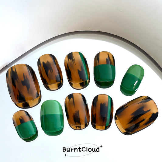 "The Great Green" Tortoise Shell Nails | 14 Custom Handpainted Press on Nails