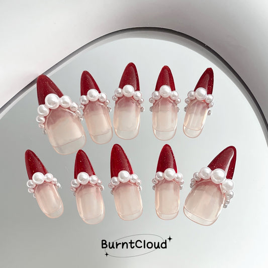 "Santa Hat" Luxury 3D Pearls Glitter Red Frenchtip Nails | 08 Custom Handpainted Press on Nails