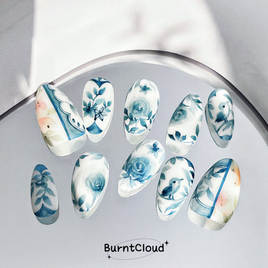 "Waiting for Rain" Blue Porcelain and Birds Watercolour Painting Nails | 31 Custom Handpainted Press on Nails
