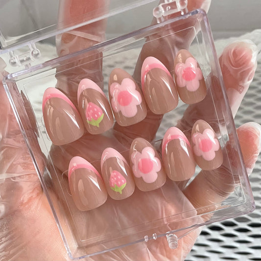 "Pink me up" Pink Frenchtip Strawberry Flowers Nails | 60 Custom Handpainted Press on Nails