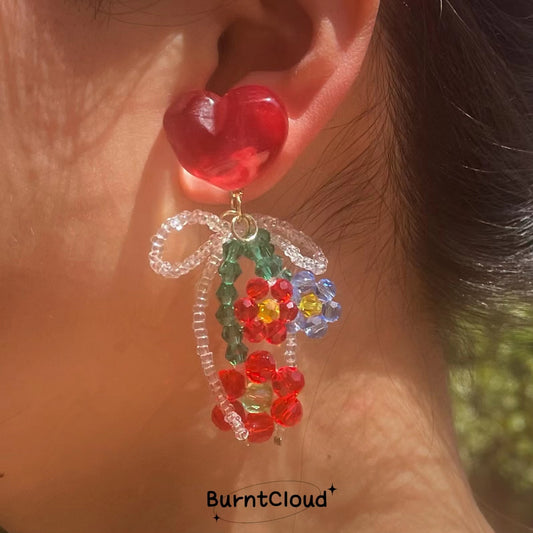 E27 Summer Floral Red/Blue Heart Beaded Earrings
