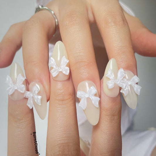 Promotion (Limited Time) "Ice Bowknot" 3D Decorated Bowknot Dainty White Nails | 61 Custom Handpainted Press on Nails