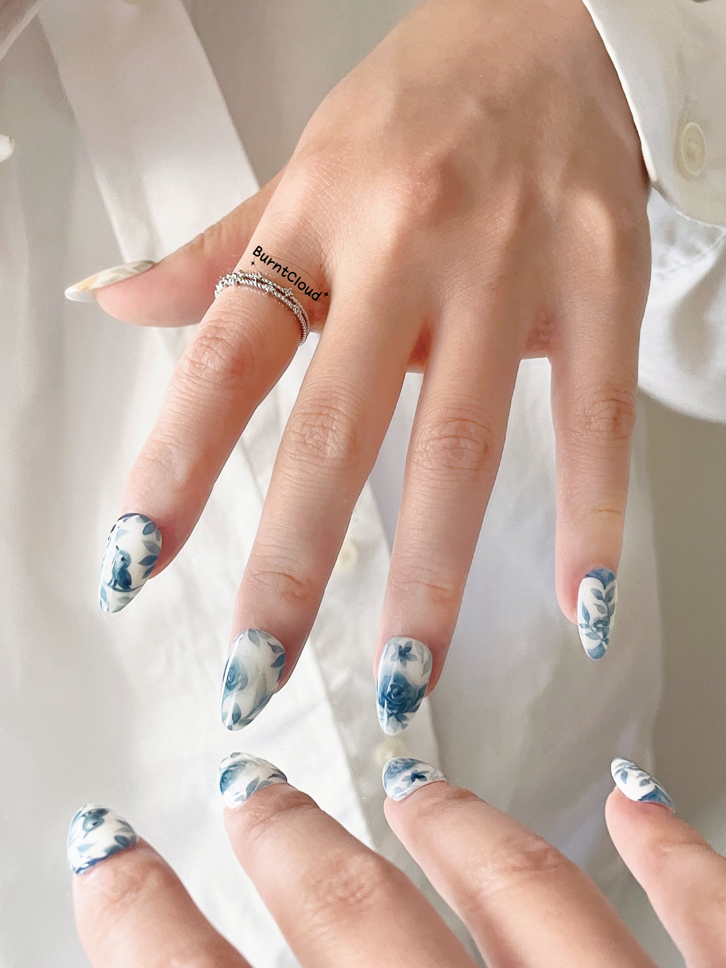 "Waiting for Rain" Blue Porcelain and Birds Watercolour Painting Nails | 31 Custom Handpainted Press on Nails