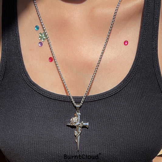 N31 Gothic Cross of Rose Long Necklace/ Men Necklace