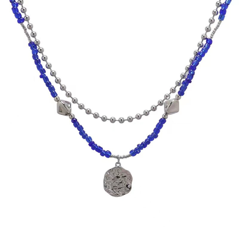 N41 Double Layer Blue Beaded Necklace