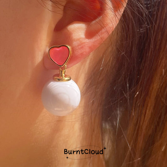 E41 Candy Ball Cute White&Pink Earrings