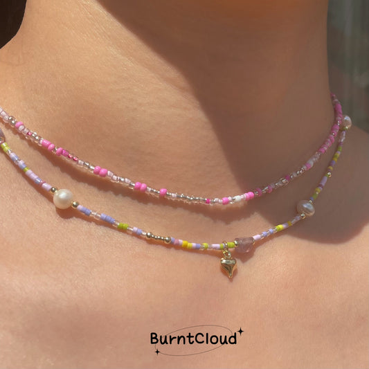 N47 Cute Purple Beaded Pearls Heart Pendant Necklace