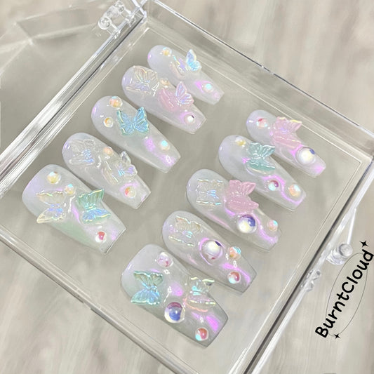 "Aurora" Glitter White Butterflies Nails | 40 Custom Handpainted Press on Nails