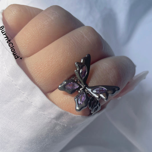 R10 Purple Gemstone Butterfly Ring | Cool Gothic Ring | Adjustable Ring