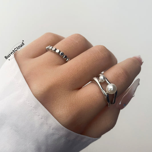 R12 Double Layer Pearl Silver Ring Set | Adjustable Ring