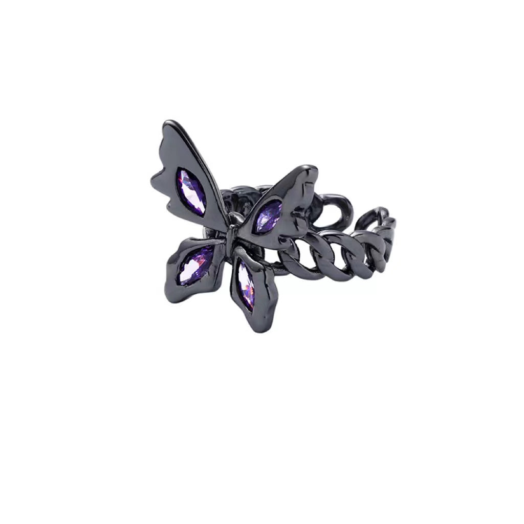 R10 Purple Gemstone Butterfly Ring | Cool Gothic Ring | Adjustable Ring