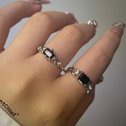 R29 Square-Shape Balck Gemstone Ring Set | Couple Rings