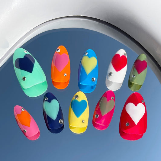 "I Got Some Hearts" Rhinstones Colorful Hearts Nails | 27 Custom Handpainted Press on Nails