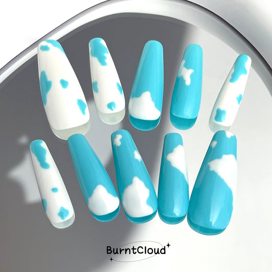 "Blue Blue" Cute Sky Blue Cow Print Nails | 10 Custom Handpainted Press on Nails