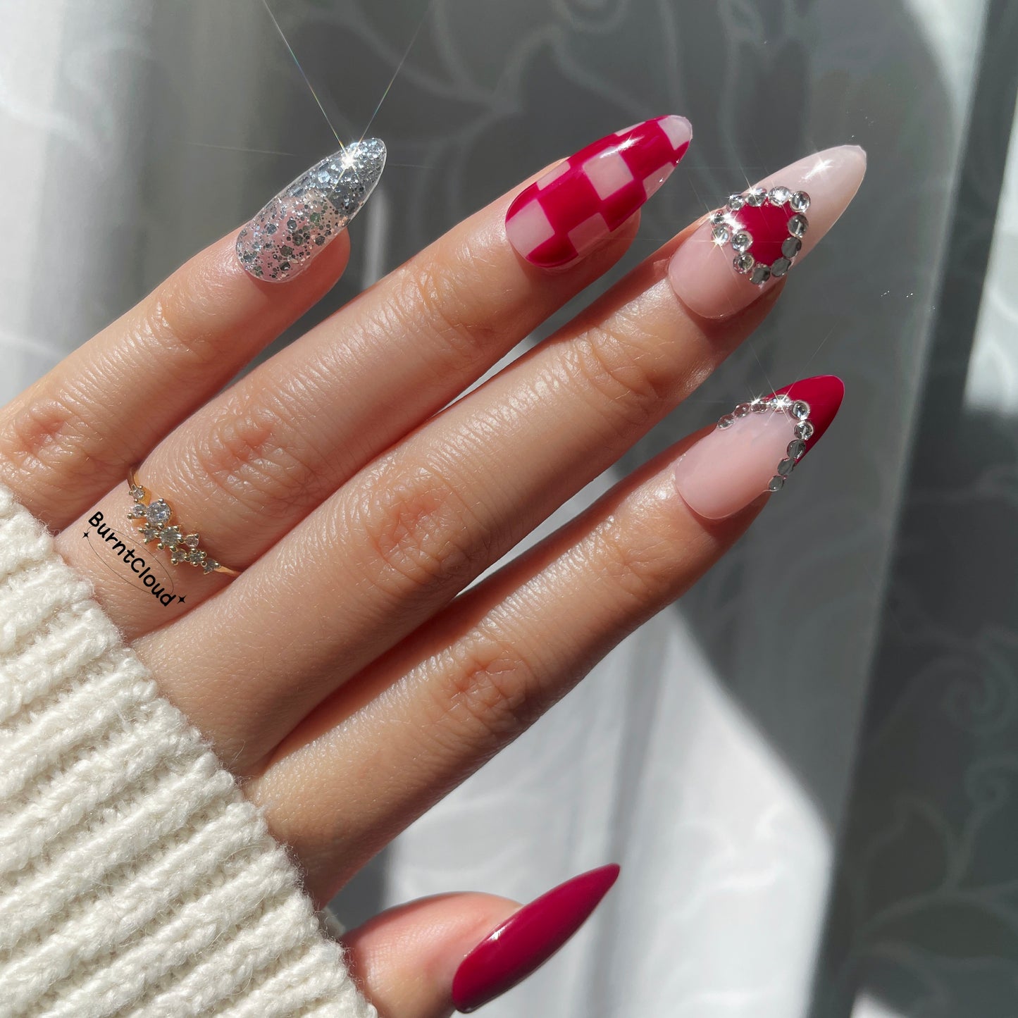 "Rich Girl" Luxury Red Flake Hearts Nails | 13 Custom Handpainted Press on Nails