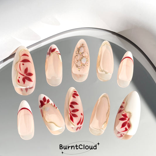 "Amaryllis" Red Floral White Frenchtip Flakes Nails | 15 Custom Handpainted Press on Nails