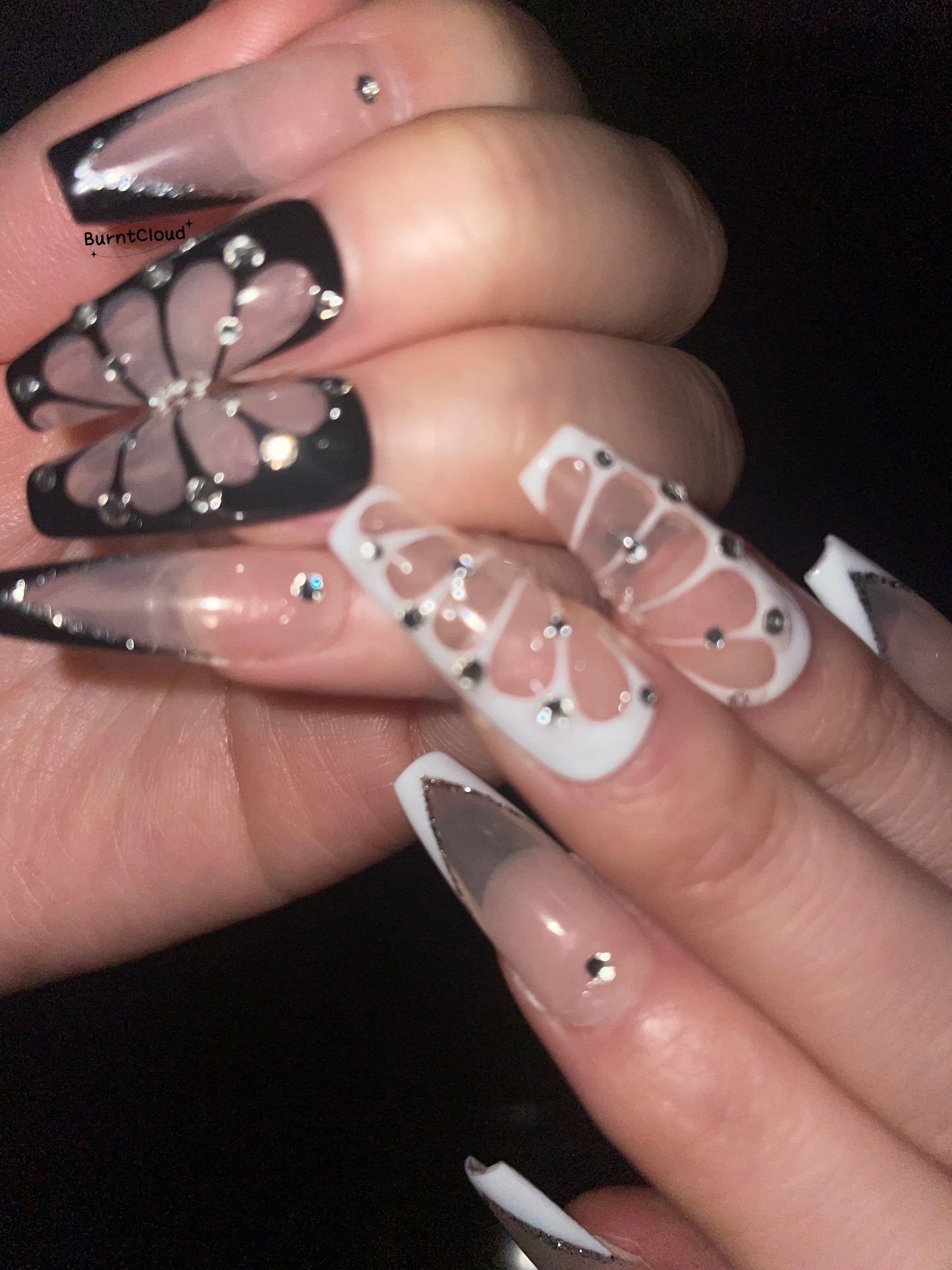 "Meant To Be" Rhinestone Glitter B&W Butterflies Frenchtip Nails | 21 Custom Handpainted Press on Nails
