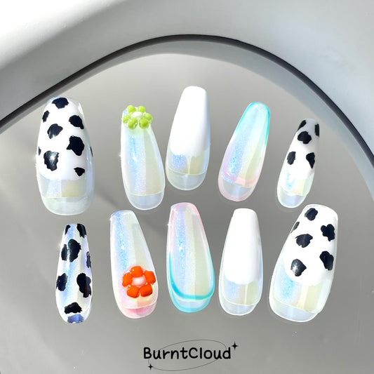 "Summer Flavour" Cute Cow Print Floral Glitter Nails | 07 Custom Handpainted Press on Nails