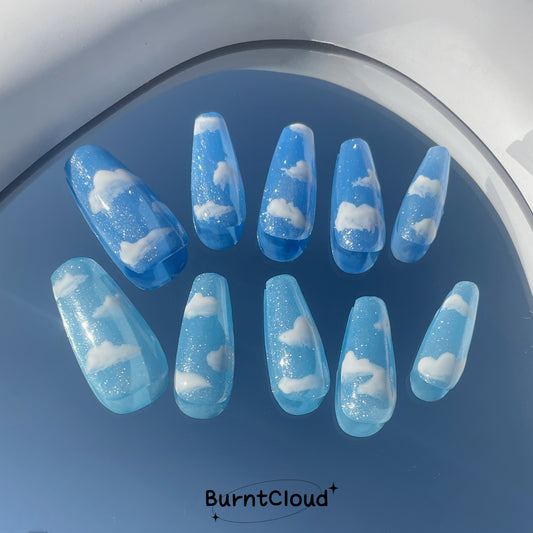 "Diamond Powder" Glitter Blue Sky White Clouds Nails | 25 Custom Handpainted Press on Nails