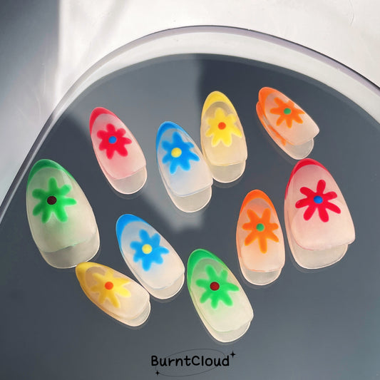 "My Colorful Garden" Rainbow flowers Daisy Frenchtip Nails | 29 Custom Handpainted Press on Nails