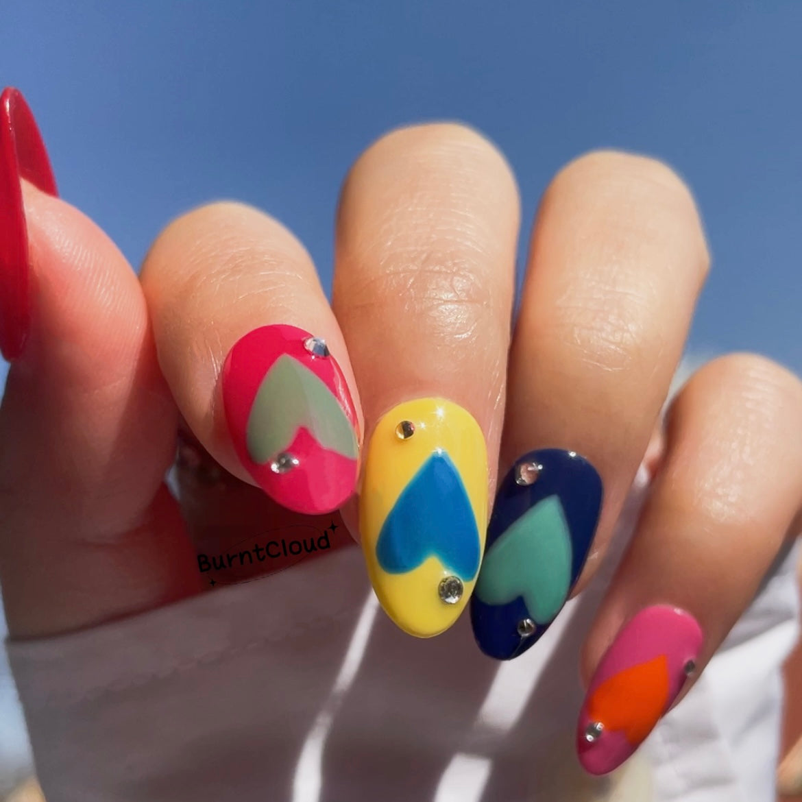 "I Got Some Hearts" Rhinstones Colorful Hearts Nails | 27 Custom Handpainted Press on Nails