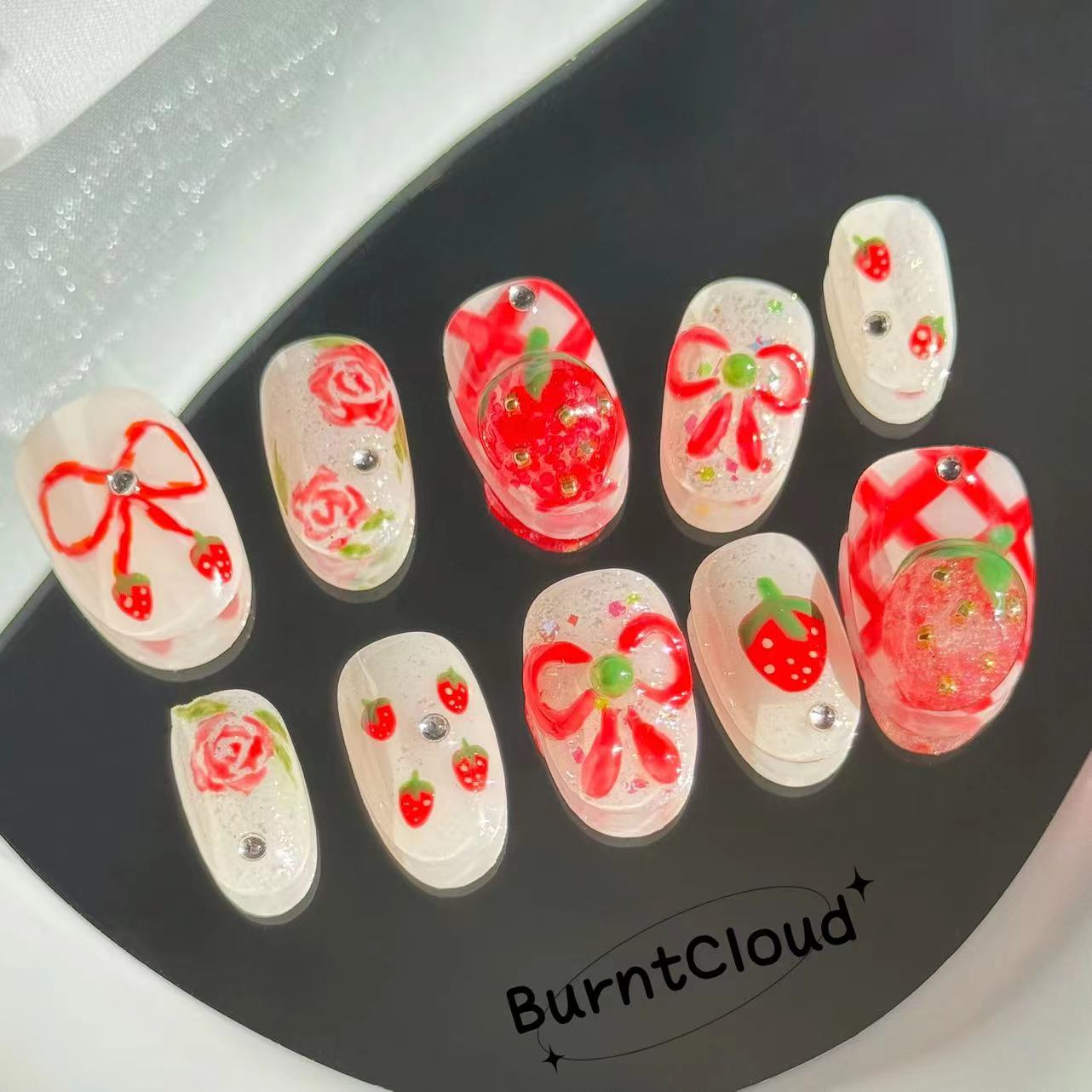 234  "Strawberry Quartz" Cute Kawaii 3D Strawberry Press on Nails