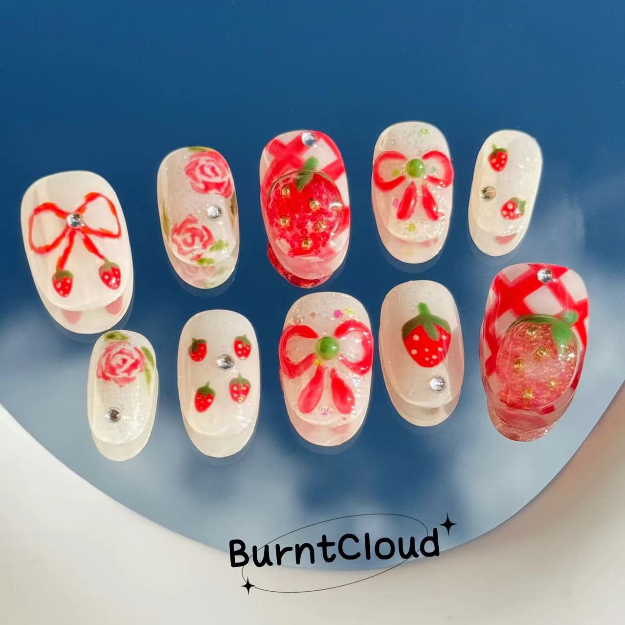 234  "Strawberry Quartz" Cute Kawaii 3D Strawberry Press on Nails