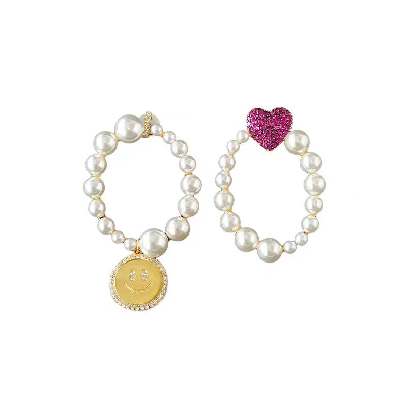 E12 Pearls Hoop Asymmetrical Smile Hearts Earrings