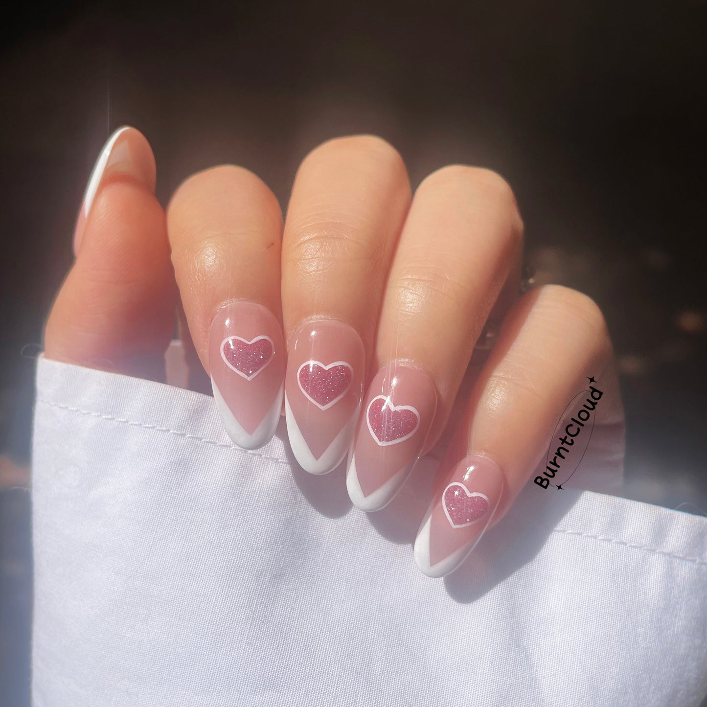 "Snow Hearts" White Frenchtip Glitter Pink Hearts Nails | 58 Custom Handpainted Press on Nails