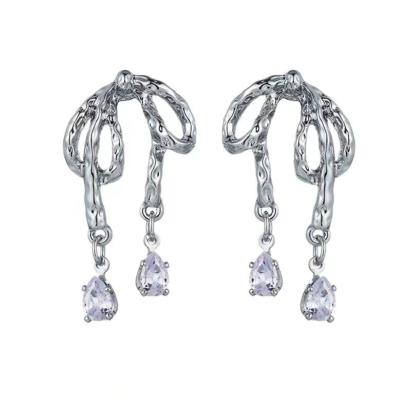 E33 Upset Bowknot Zirconia Silver Earrings