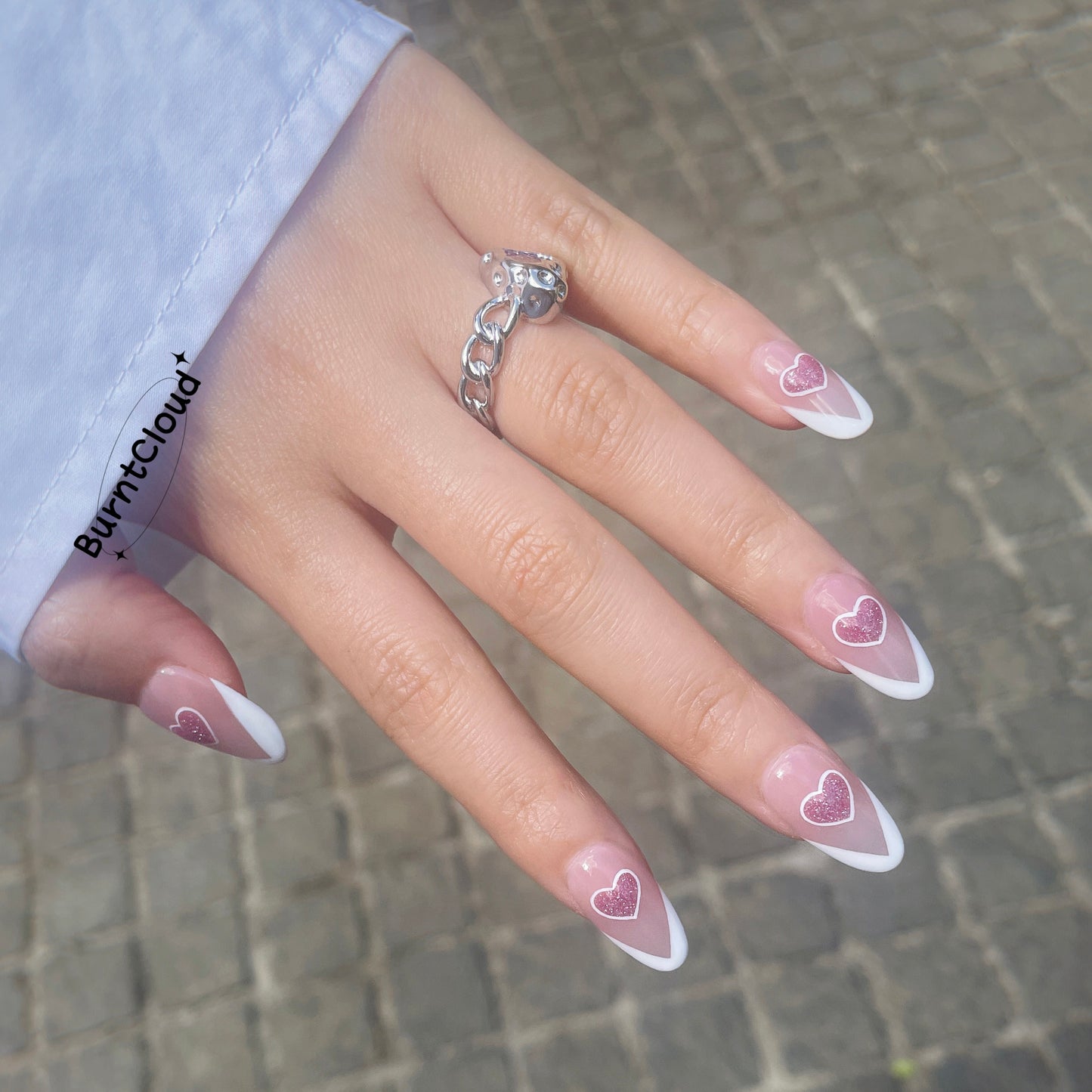 "Snow Hearts" White Frenchtip Glitter Pink Hearts Nails | 58 Custom Handpainted Press on Nails